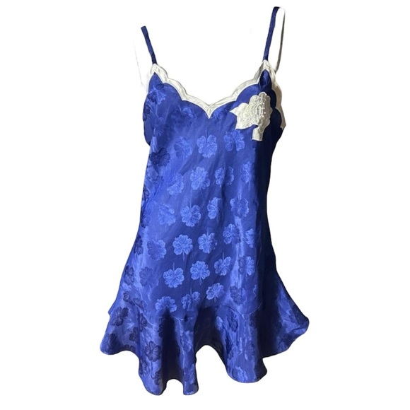 Vintage 80s Victoria’s Secret Royal Blue Floral Satin Flared Slip Dress - Picture 7 of 9